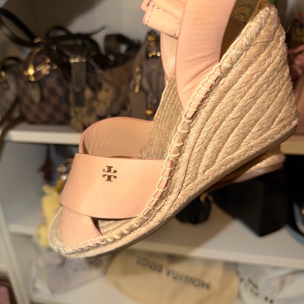 Tory Burch Nude Leather Espadrille Wedge with Logo